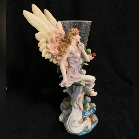 Ok Lighting - Crackle Glass Flower Vase With Angel / Fairy Statue - Picture 2 of 14